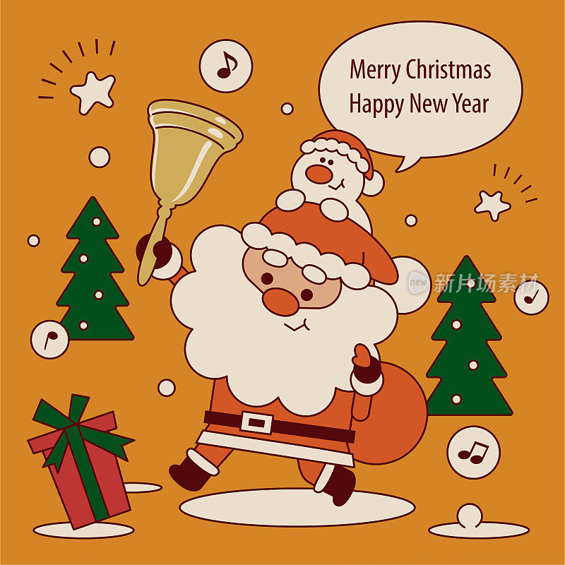 可爱的圣诞老人和雪人摇着铃铛送圣诞礼物，祝你圣诞快乐，新年快乐