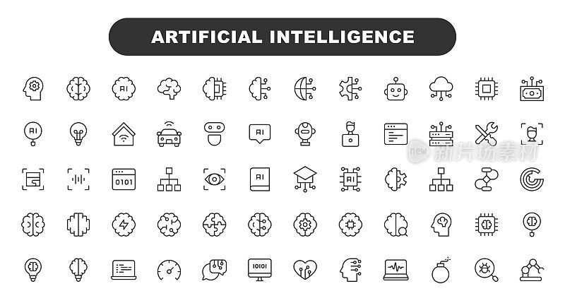 人工智能线图标。可编辑的中风。包含AI，大脑，芯片，编码，数据，工程，生成艺术，GPU，机器，机器学习等图标。