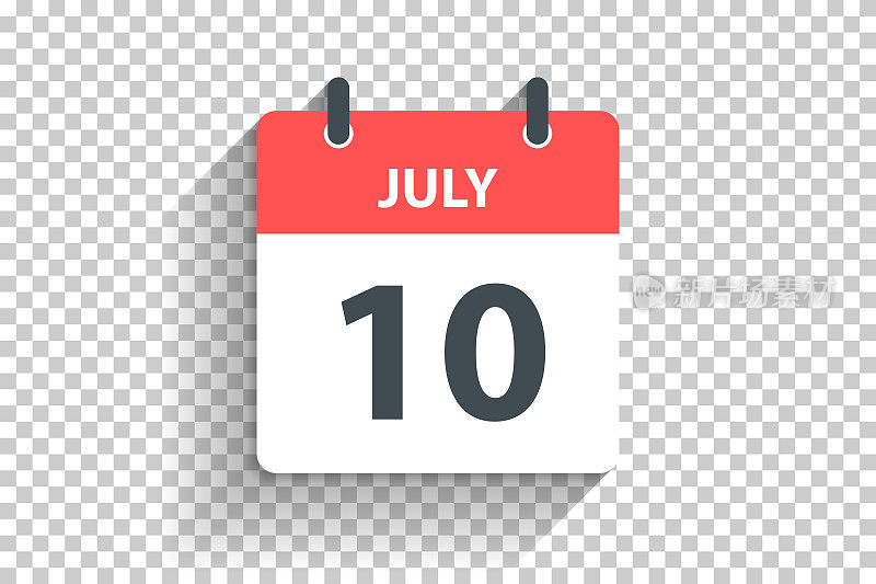7月10日-每日日历图标在空白背景上的平面设计风格