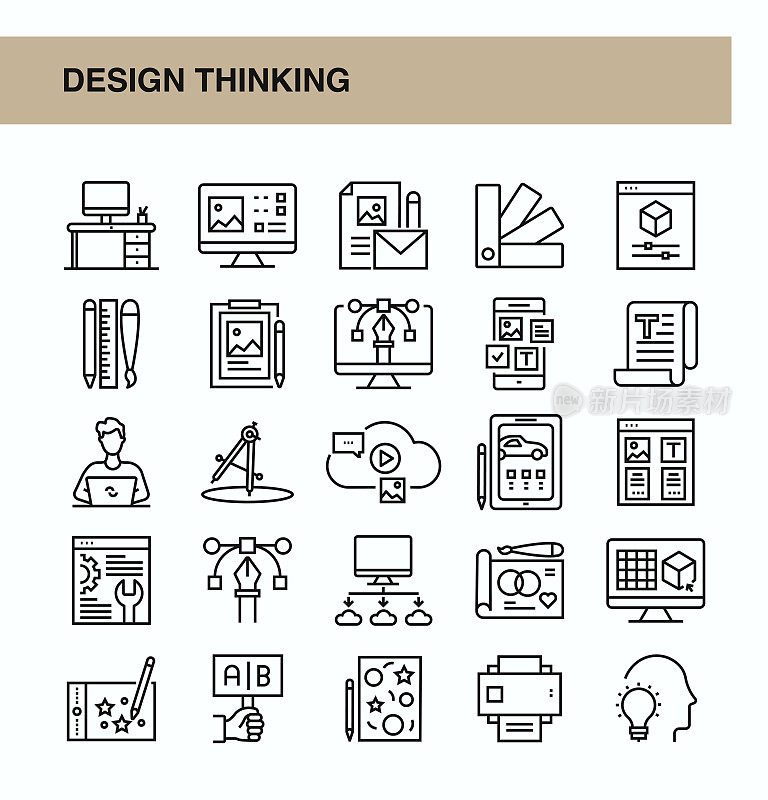 设计思维细线矢量图标集。设计是可编辑的，颜色可以改变。矢量创意图标集:设计，创意，原型，设计师，头脑风暴，设计软件