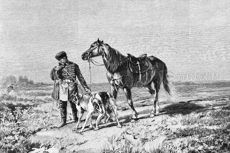 一个人带着马和两条狗去猎狐