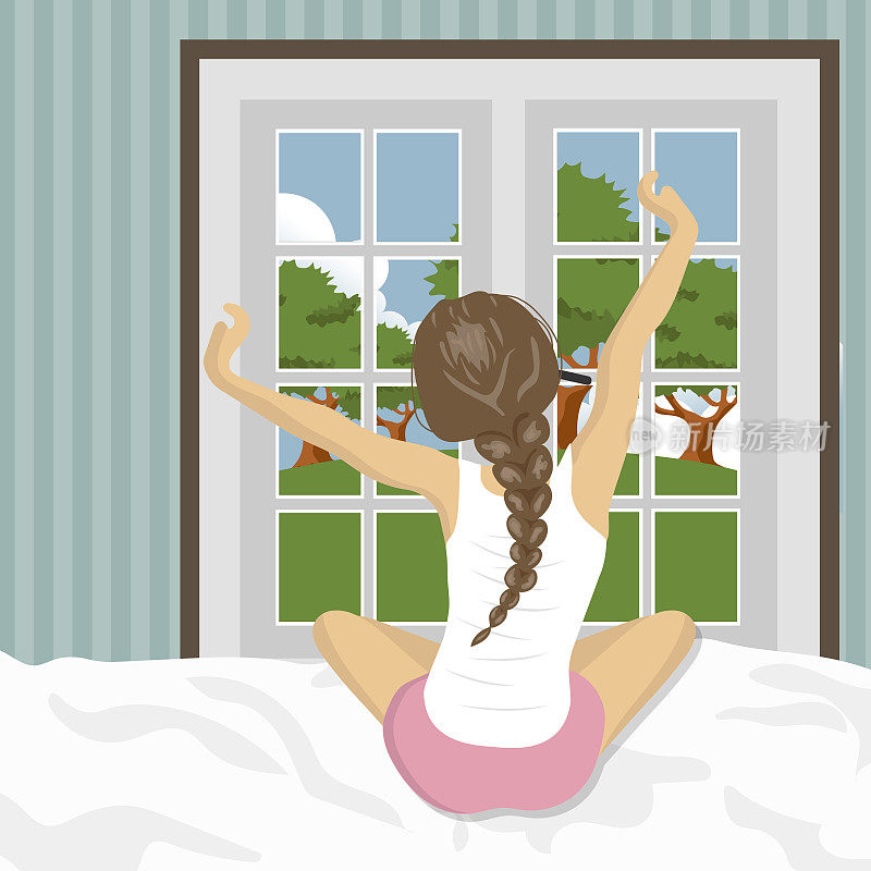 女人醒来后在床上伸懒腰。假日和假期的概念。夏天的风景。平面向量插图