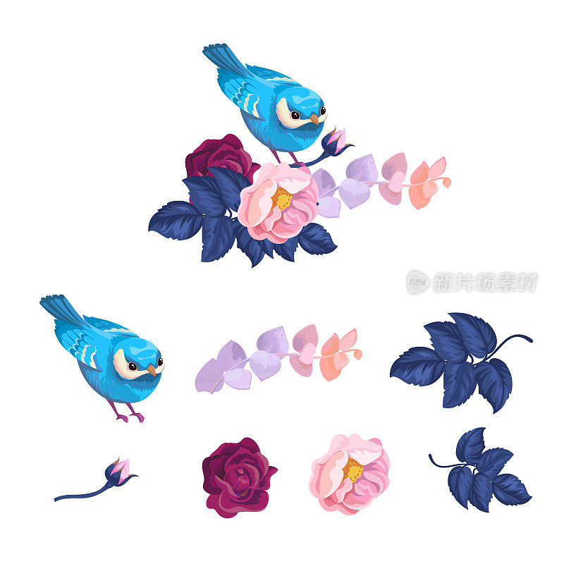 春天蓝色的鸟在花枝水彩画工具包
