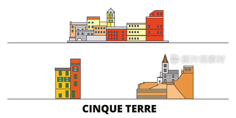 意大利，五楼平坦地标矢量插图。意大利，五线楼城市以著名的旅游景点，天际线，设计。