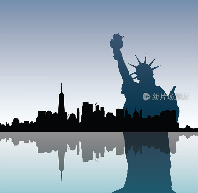 曼哈顿天际线和自由女神像。