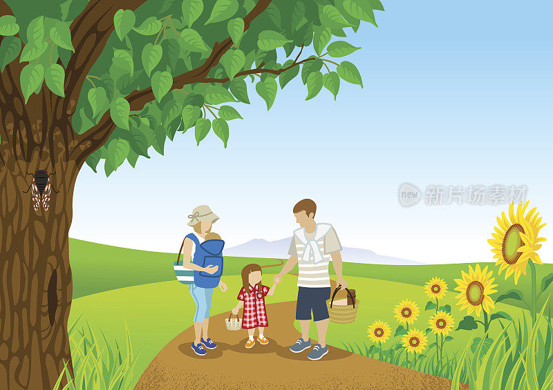 一家人在夏日的大自然中漫步