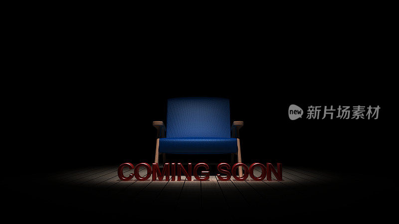 椅子在黑暗中与即将到来的标志3D渲染