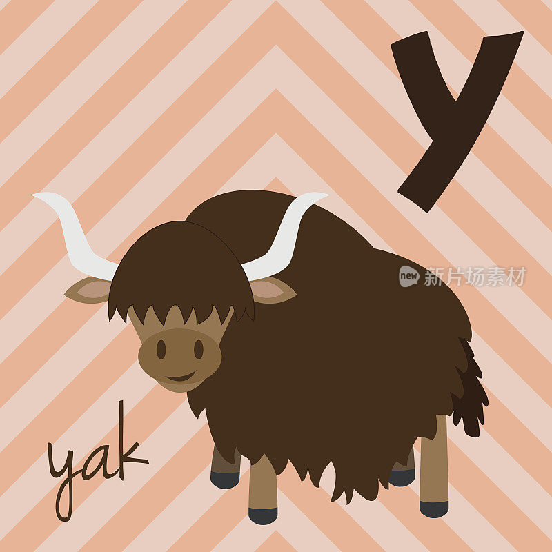 可爱的卡通动物园字母与有趣的动物:Y为牦牛