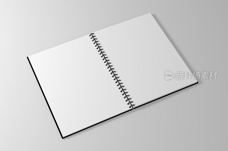 螺旋笔记本模板上干净的白色背景。三维演示