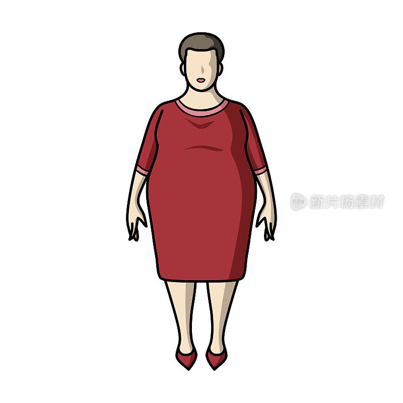 穿红裙子的胖女人。一个因糖尿病而肥胖的女人。糖尿病单图标在卡通风格矢量符号股票插图。