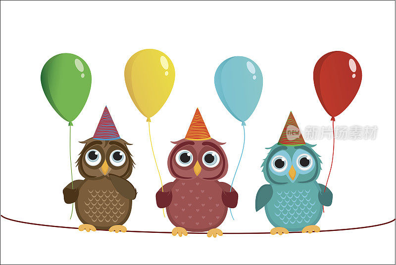 三只可爱的彩色猫头鹰坐在绳子上，拿着气球。情人节和生日。向量。邀请去度假。贺卡与空白的标签或广告。