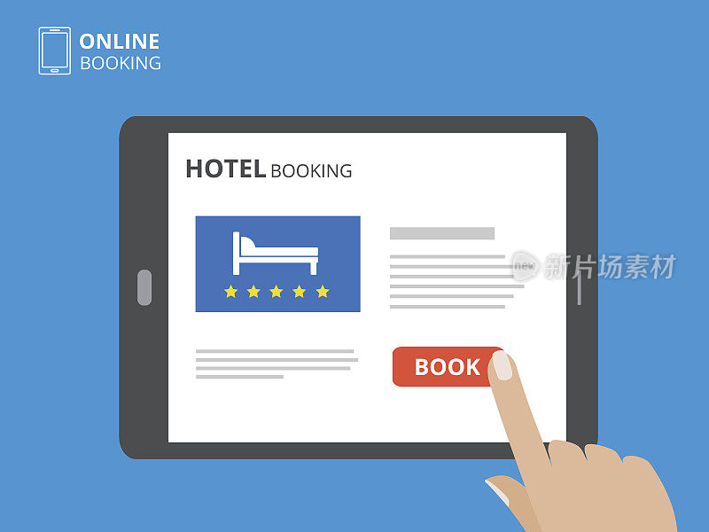 网上预订酒店的设计理念。用手触摸屏幕的平板电脑。显示与书按钮和床图标。