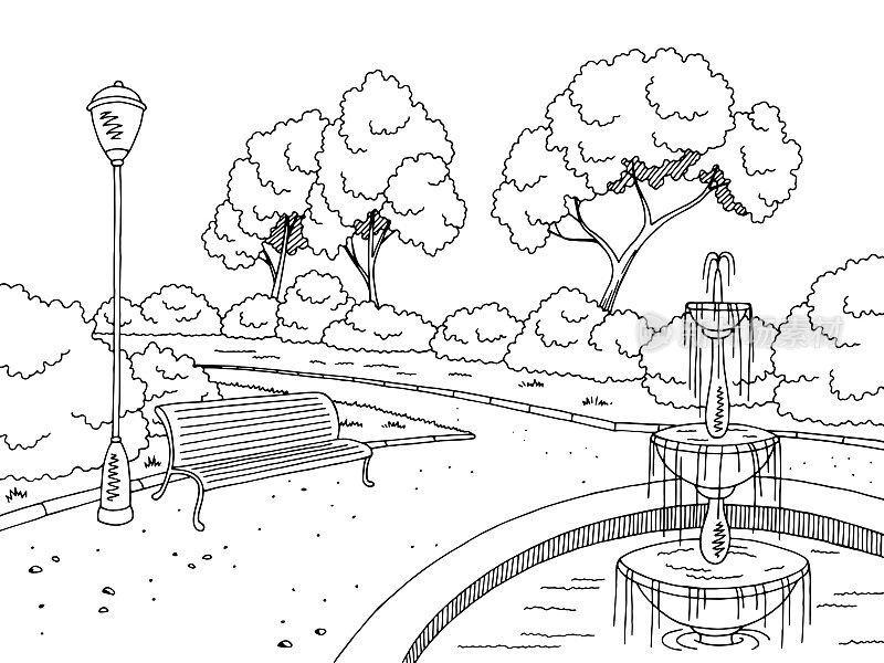 公园喷泉图形黑白景观素描插图矢量