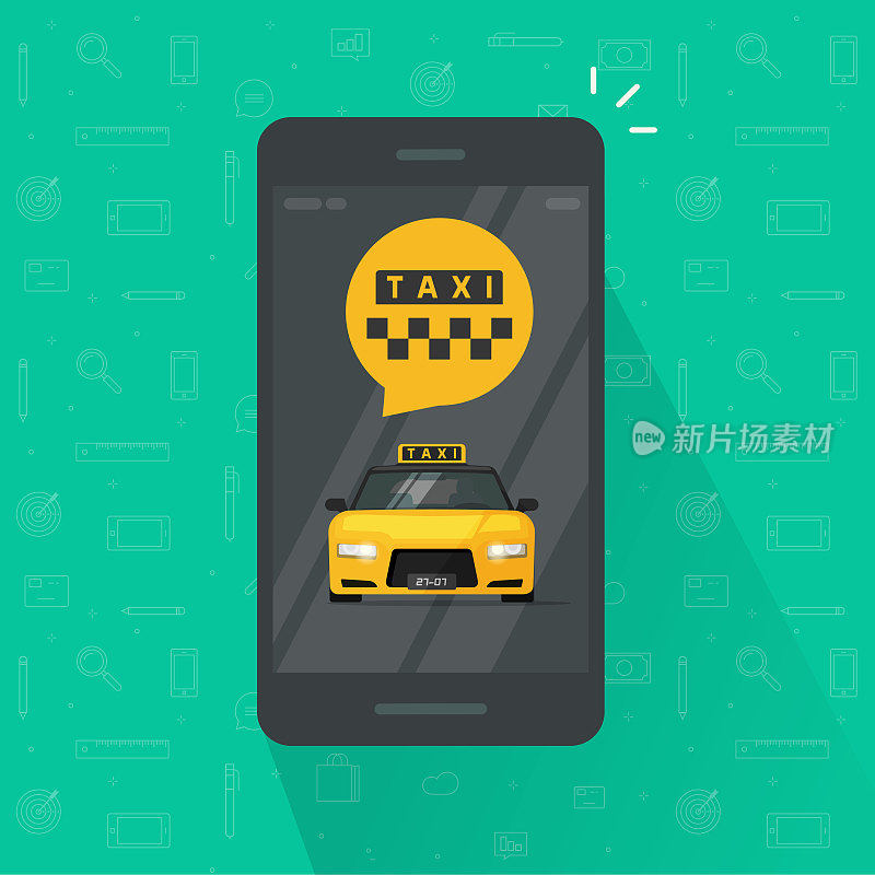 手机打车服务矢量插图，智能手机app为互联网在线打车平面设计