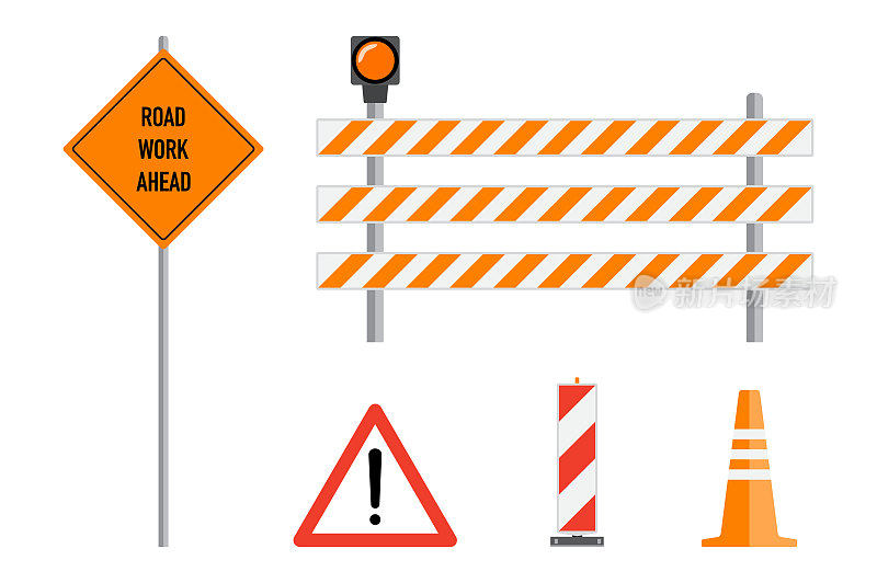道路工程标志设置，平面矢量插图。前方工作道路，橙色警示牌，条纹警示牌，路障，交通锥，卡通元素设置。交通警告标志概念。