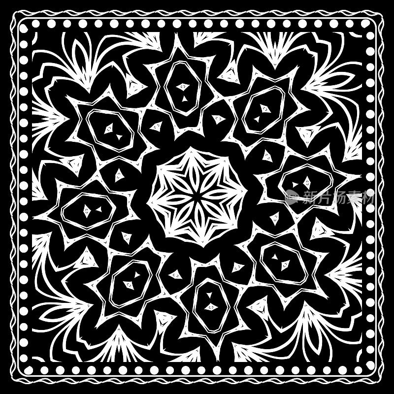 黑色和白色佩斯利印花印花花卉图案。方形图案设计适用于丝巾、头巾、枕头、地毯等。