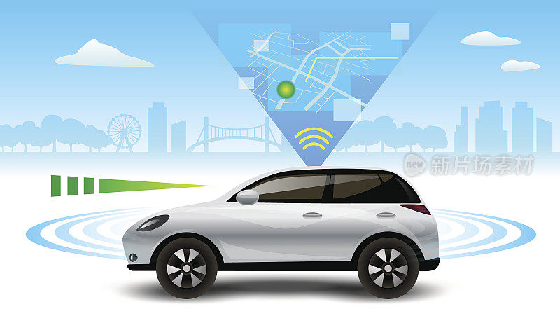 自动驾驶无人驾驶汽车。汽车侧视图与雷达矢量图。