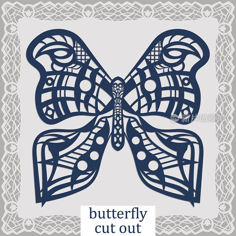 蝴蝶-用于激光切割的模板。设计元素为婚礼，浪漫的会议或贺卡。可以作为装饰元素在建筑中，在窗户中。向量。