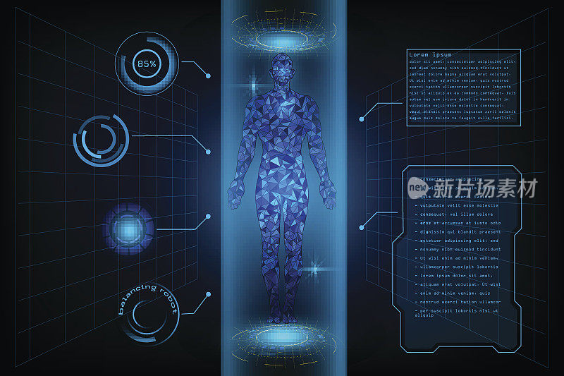 HUD界面虚拟人体多边形全息图未来系统健康创新与技术概念背景、矢量插图。