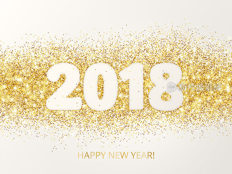 2018闪光排版设计。祝你新年快乐。金色闪烁的矢量尘埃矩形与数字。