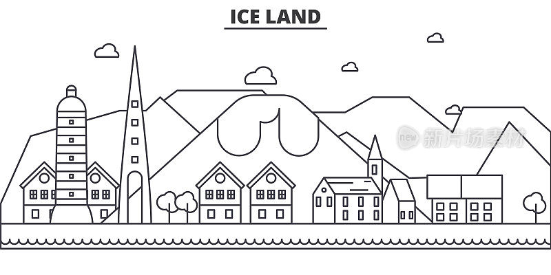 冰岛建筑线天际线插图。线性向量的城市景观与著名的地标，城市景观，设计图标。可编辑的中风