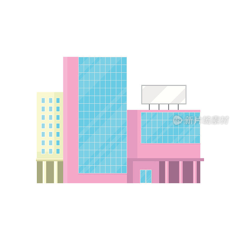 商场、写字楼立面、现代城市住宅卡通矢量插画