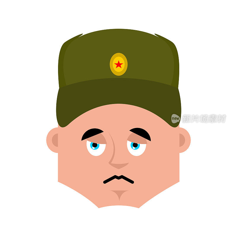 俄罗斯士兵悲伤的表情。战士悲伤的情绪。沉闷的俄罗斯军队。2月23日的插图。保卫祖国日。俄罗斯联邦的军旅假期