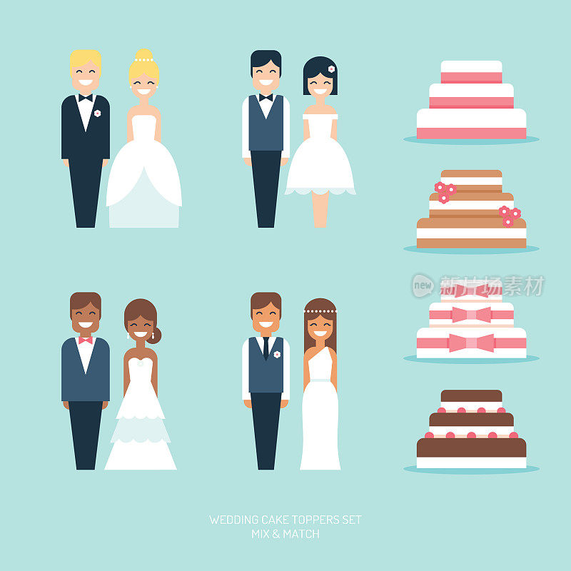 婚礼蛋糕与小雕像新娘和新郎toppers平面矢量图标集