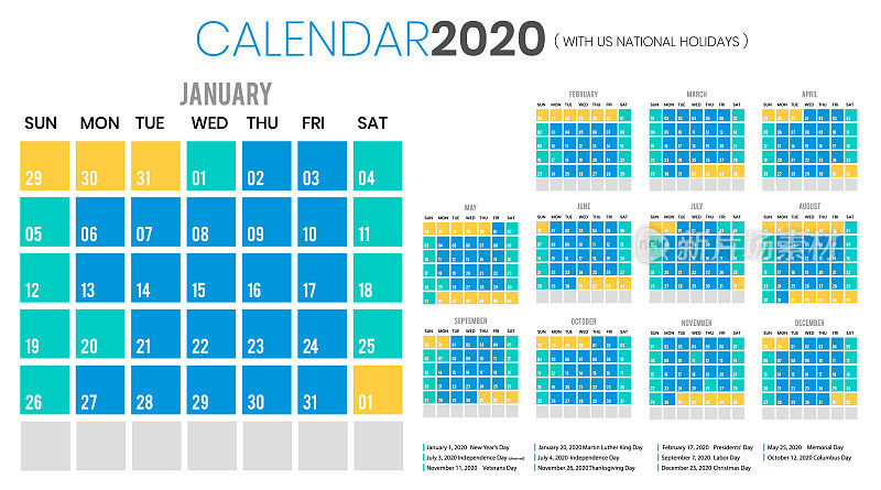 日历2020包括美国假期