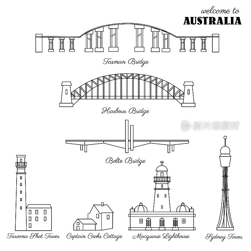 澳大利亚地标麦格理灯塔、悉尼塔、塔斯曼大桥、海港、博尔特大桥、塔鲁纳炮塔、库克船长小屋手绘矢量符号孤立，装饰图标建筑