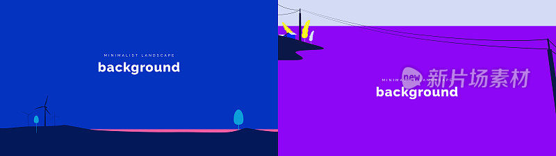 一套极简主义的景观背景，土地上的风车和小岛上的电线杆在蓝色和紫色的色调