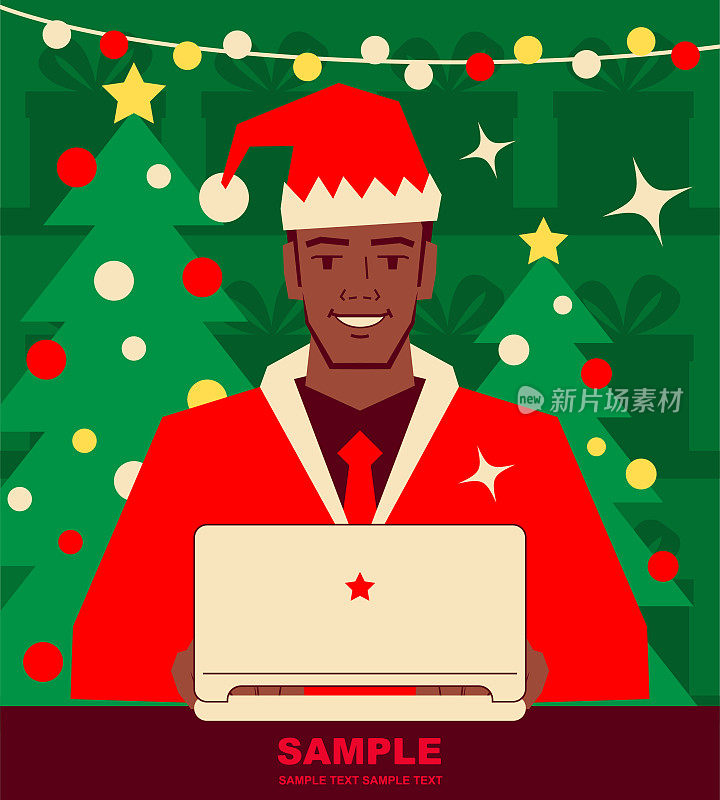 一个英俊的非洲人穿着圣诞老人的衣服在电脑上工作