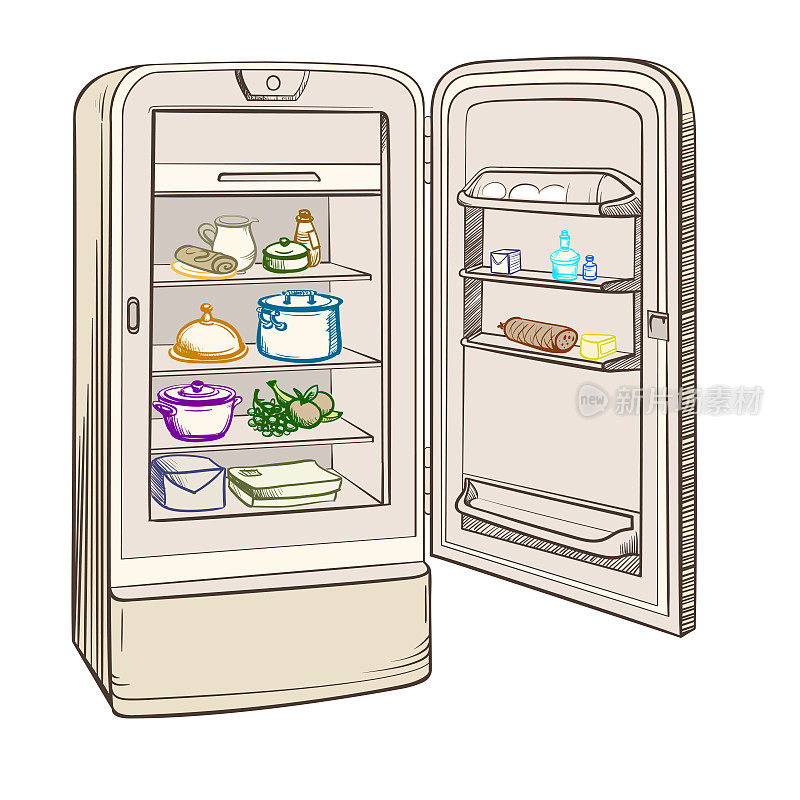 带有杂货的复古冰箱示意图