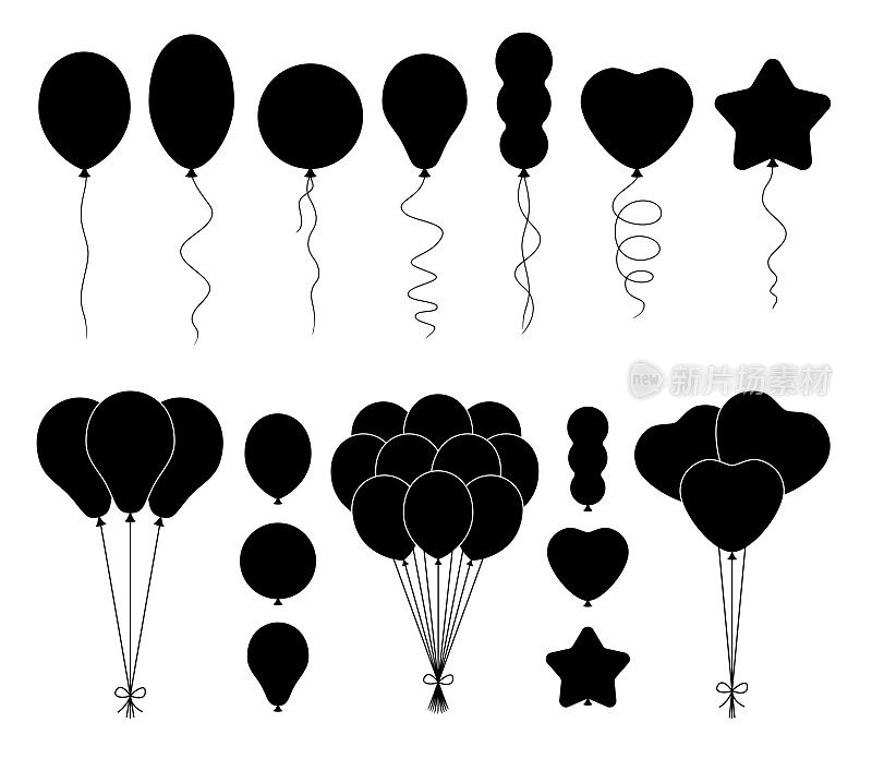 气球集-卡通扁平黑色风格。孤立在白色的。向量