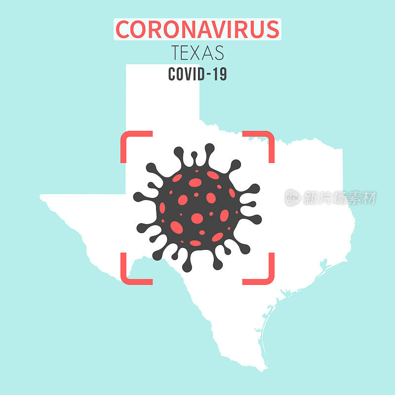 德克萨斯州地图，红色取景器中有冠状病毒细胞(COVID-19)