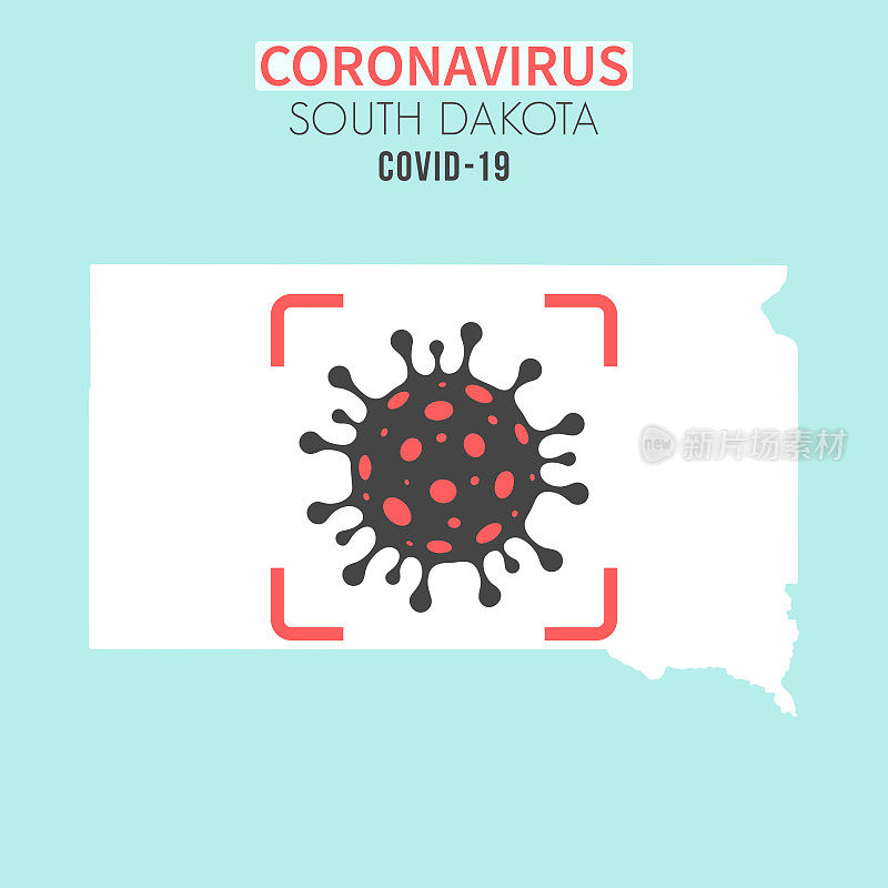 南达科他州地图，红色取景器中有冠状病毒细胞(COVID-19)