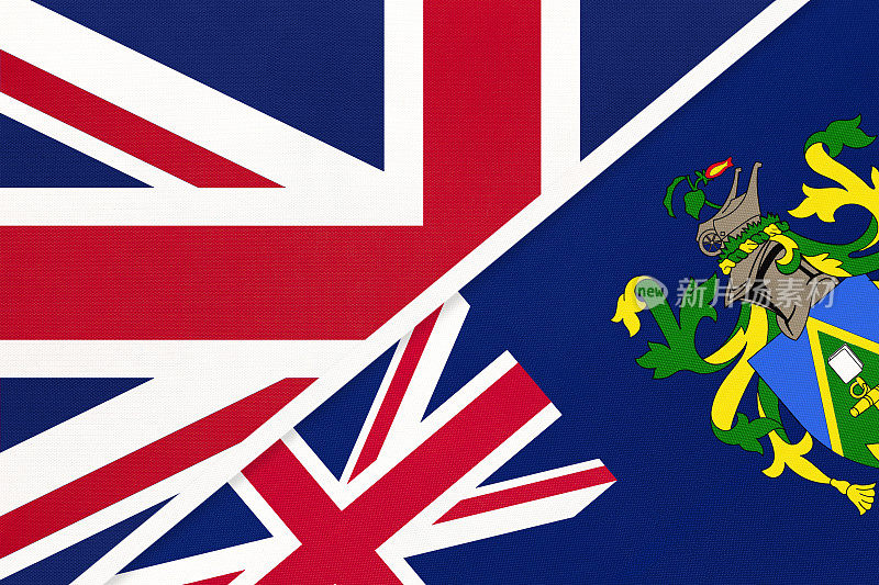 英国vs皮特凯恩群岛纺织品国旗。两个欧洲和大洋洲国家之间的关系。