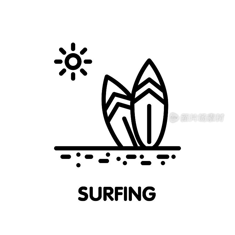 冲浪在海滩轮廓图标设计插图上的白色背景