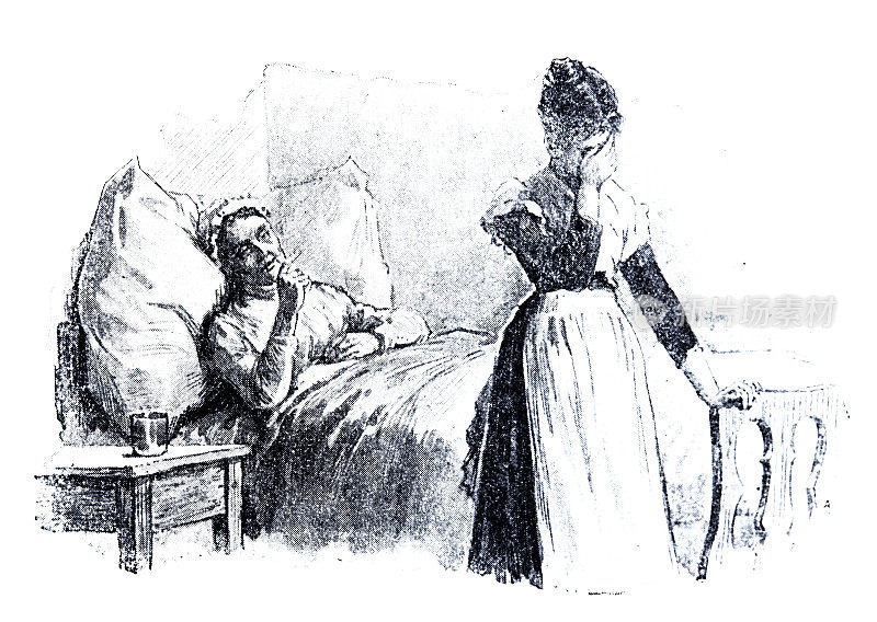 一位年轻女子站在一位年长妇女的床上，双手放在脸前
