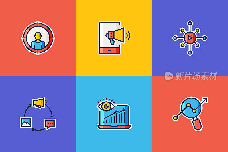 内容营销平面线图标，轮廓向量符号插图。