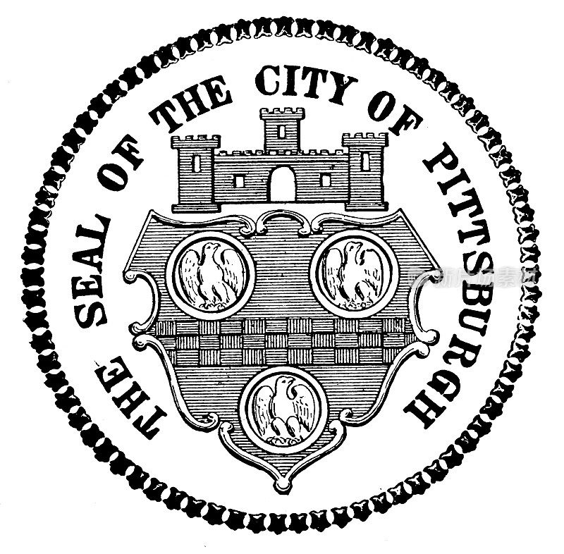 美国中部历史城镇的仿古插图:匹兹堡，城市印章