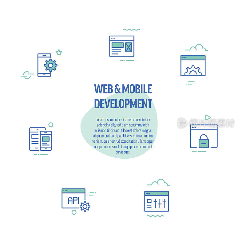 Web和移动开发技术相关的线条图标。现代线条风格设计元素。