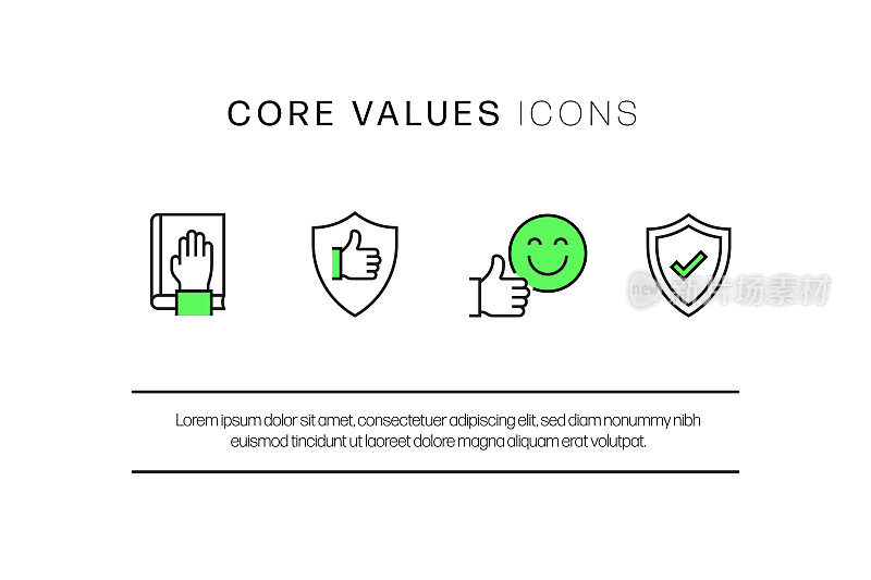 核心价值相关的平面线图标，轮廓向量符号插图。