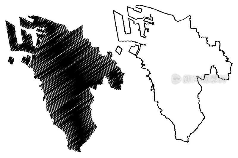 酒井市(日本州、岛国、大阪府)地图矢量插图，潦草素描酒井市地图