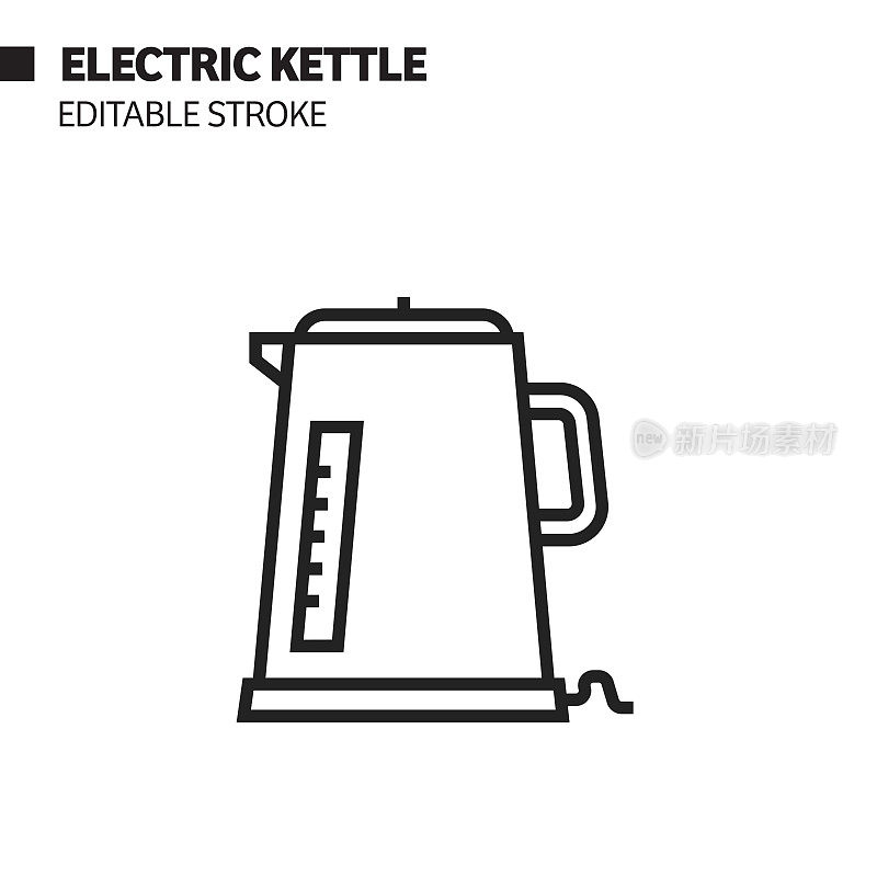 电水壶线图标，轮廓向量符号插图。
