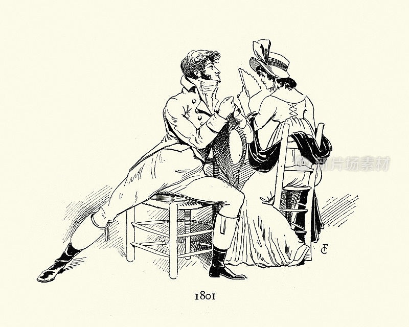 年轻花花公子和年轻女子调情，1801年，大爷式占座