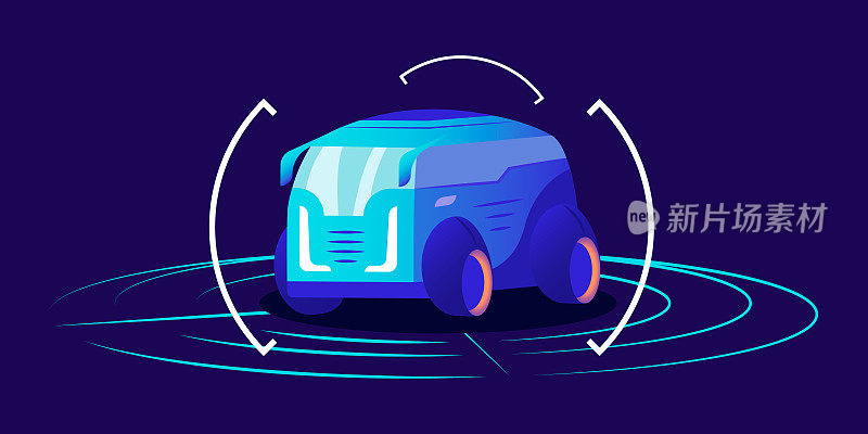 无人驾驶汽车平面颜色矢量插图。未来的自动驾驶交通工具，蓝色背景的框架自动驾驶货车。智能交通检测系统接口，虚拟展厅概念