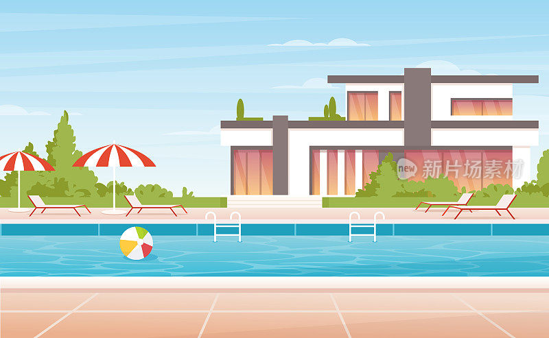 卡通无人豪华温泉池边带伞，休息室和现代豪宅别墅或热带度假酒店建筑背景。水游泳池夏季度假景观。