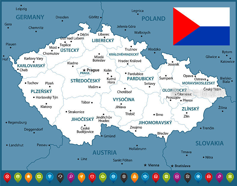 捷克共和国地图。斯洛伐克、奥地利、德国和波兰的地区、国旗、地理边界的政治地图