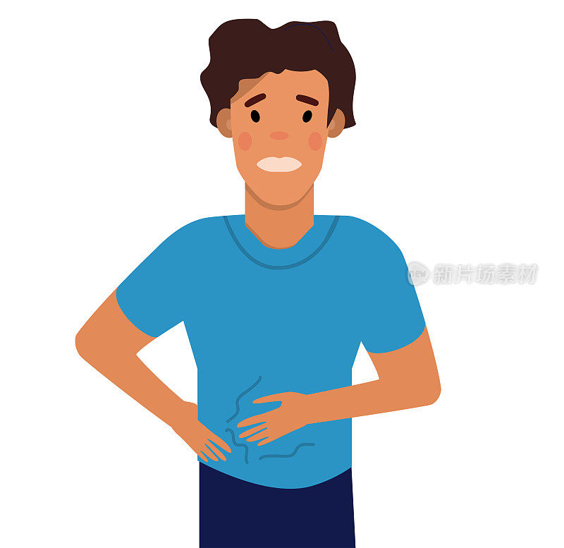 患有腹胀的男人。膨胀由于气体滞留而引起的膨胀状态男孩有胃痛或胃炎。便秘或腹泻。消化不良或肠中毒。